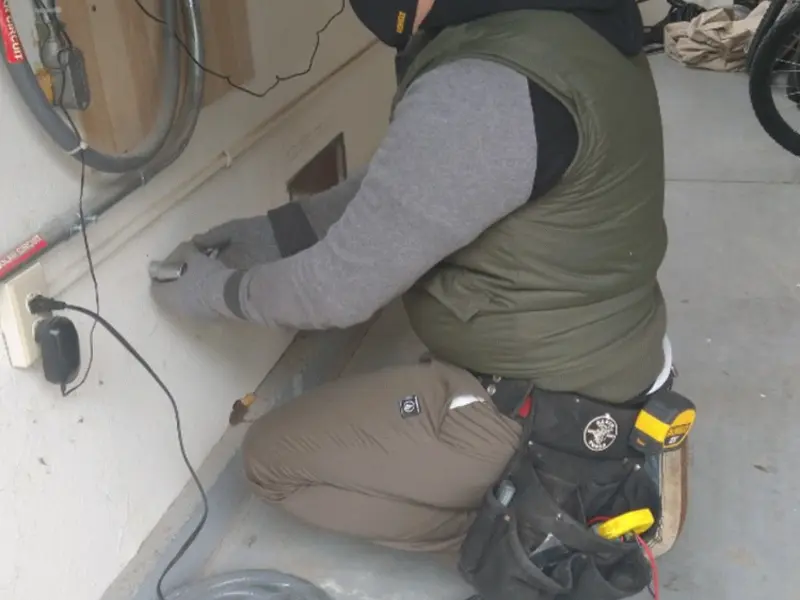 Electrician performing outlet wiring in a Ayer garage